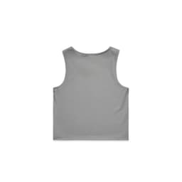 A light grey sleeveless crop tank top featuring a simple design and a logo on the back.