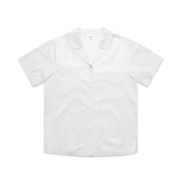 A white short-sleeve pyjama top with a collar and button front, featuring a subtle logo.
