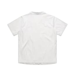 A white pyjama top with a short-sleeve design and a collar, featuring a branded logo.