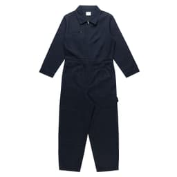 A pair of navy blue canvas coveralls featuring a collar, zip front, and a pocket. The garment has a logo.
