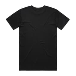 A black T-shirt featuring short sleeves and a plain back. The shirt has a logo on the label.