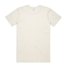 A plain cream-coloured t-shirt with a crew neck and short sleeves, featuring a logo on the back.