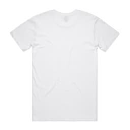 A plain white T-shirt with a round neckline and short sleeves, featuring a logo on the back.