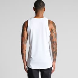 A white singlet featuring a plain design, viewed from the back, highlighting a model's tattooed arms.