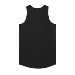 A black singlet with a round neckline and no sleeves, featuring a logo on the back.