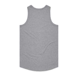 A grey singlet with a smooth texture, showcasing a sleeveless design and a rounded hem. It has a logo present.
