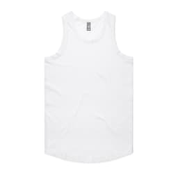 A white singlet with a rounded hem and a logo on the label.