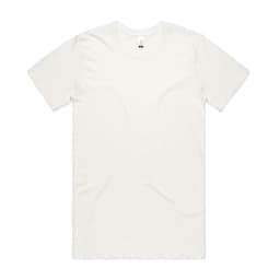 A plain white organic t-shirt featuring a logo on the inner label.