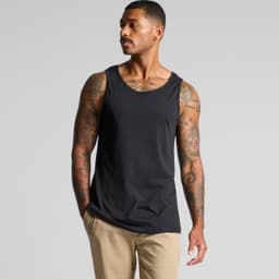 A black singlet featuring a relaxed fit, displayed on a model with tattoos, against a neutral background.