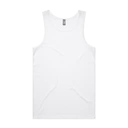 A plain white singlet featuring a logo at the neckline, made from a smooth fabric.