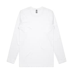 A long-sleeve white T-shirt with a crew neck and a label at the collar. It features a logo.