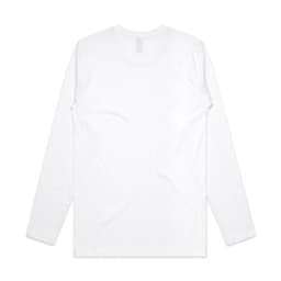 A white long-sleeve T-shirt with a simple design and a logo on the back.