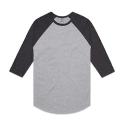 A grey and charcoal raglan tee with three-quarter sleeves and a round hem, featuring a logo.