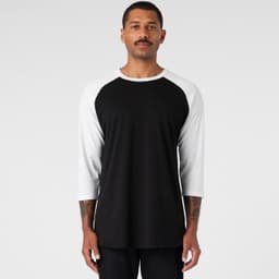 A black and white Raglan Tee featuring a crew neck and three-quarter sleeves, with a logo present.