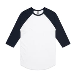A Raglan Tee featuring white body and navy blue sleeves, with a logo on the label.