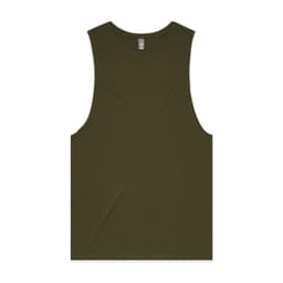 A sleeveless tank top in olive green with a simple design and a logo on the label.