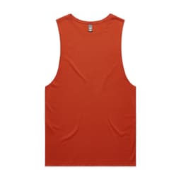 An orange singlet tank top featuring a simple design and a logo on the tag.