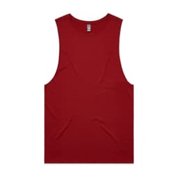 A red singlet tank top with a round neckline and no sleeves, featuring a logo on the label.