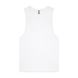 A white singlet tank top featuring a logo, designed for casual wear.