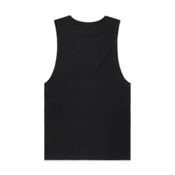 A black organic tank top with a sleeveless design, featuring a simple layout and a logo.