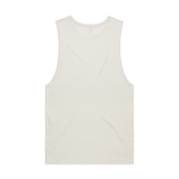 A plain, cream-coloured organic tank top with a relaxed fit and no sleeves, featuring a logo.