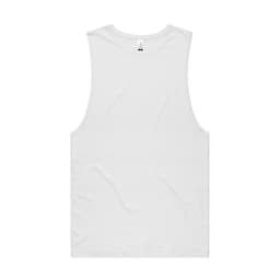 A plain white sleeveless tank top, featuring a simple design and a logo label.