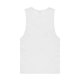 A plain white organic tank top with a sleeveless design, featuring a logo on the back.