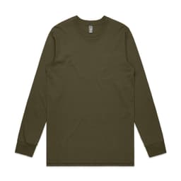 A long-sleeve t-shirt in olive green, featuring a simple design and a logo on the label.