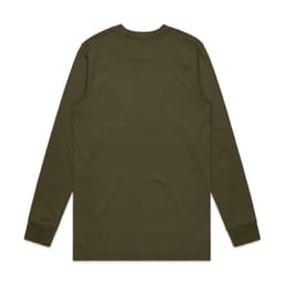 A long-sleeve T-shirt in olive green, featuring a plain design and a logo on the back.