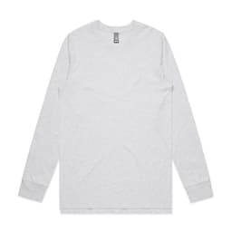 A long-sleeve grey t-shirt with a crew neckline and a logo on the label at the neck.