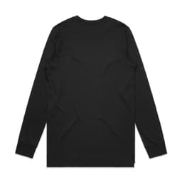 A black long-sleeve T-shirt featuring a simple design and a logo on the back.