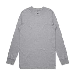 A grey long-sleeve t-shirt with a round neckline and a brand logo.
