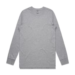 A long-sleeve grey T-shirt featuring a crew neckline and branding label.
