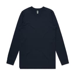 A long-sleeved tee in navy blue, featuring a simple design and a logo on the label.