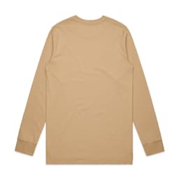 A beige long-sleeve t-shirt with a plain design, featuring a logo on the label.
