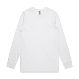 A white long sleeve t-shirt with a round neck and a logo on the tag. Plain design with no additional graphics.