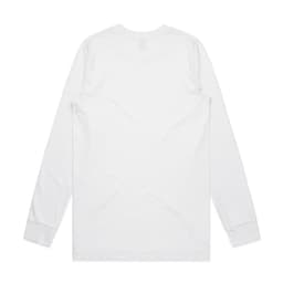 A long-sleeve white T-shirt with a simple design and a logo on the back.