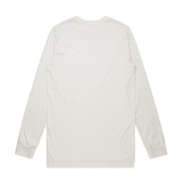 A long-sleeve organic T-shirt in a light cream colour, featuring a simple design and a small logo.