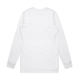 A plain white long-sleeve t-shirt with a simple design and a logo on the back.