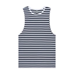 A sleeveless shirt featuring a navy and white striped pattern, with a brand logo on the label.