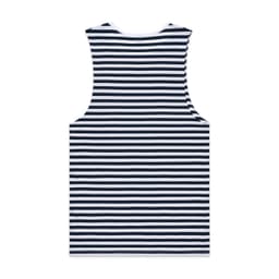A sleeveless singlet featuring navy and white horizontal stripes, with a simple design and a logo on the back.