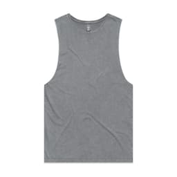 A stone wash tank top in a muted green colour with a logo at the neckline.
