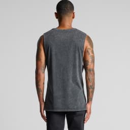 A grey stone wash tank top featuring sleeveless design and a subtle logo on the back.