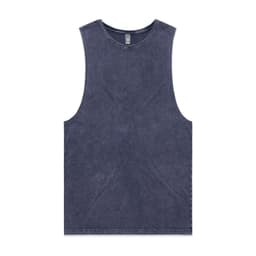 A stone wash navy tank top with a sleeveless design and contrast stitching. It features a brand logo.