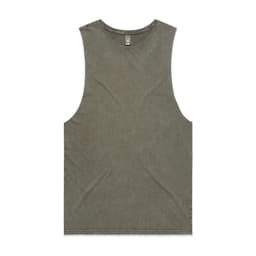 A stone wash tank top in an olive green colour with wide armholes and a round neckline. It features a logo.