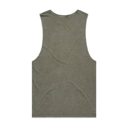 A stone wash green tank top, featuring a sleeveless design and a back view. It has a logo at the back.
