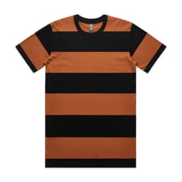 A striped tee featuring alternating broad bands of burnt orange and black. The shirt has a round neckline and short sleeves.