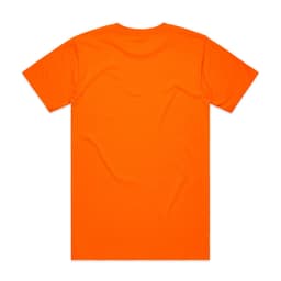 An orange work t-shirt featuring an unfinished back design and a logo on the neck area.