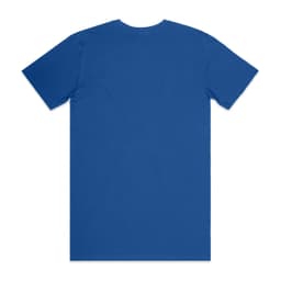 A blue basic tee with short sleeves and a plain back. It features a logo.