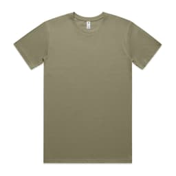 A plain olive green T-shirt with short sleeves and a crew neckline, featuring a label and no visible branding.